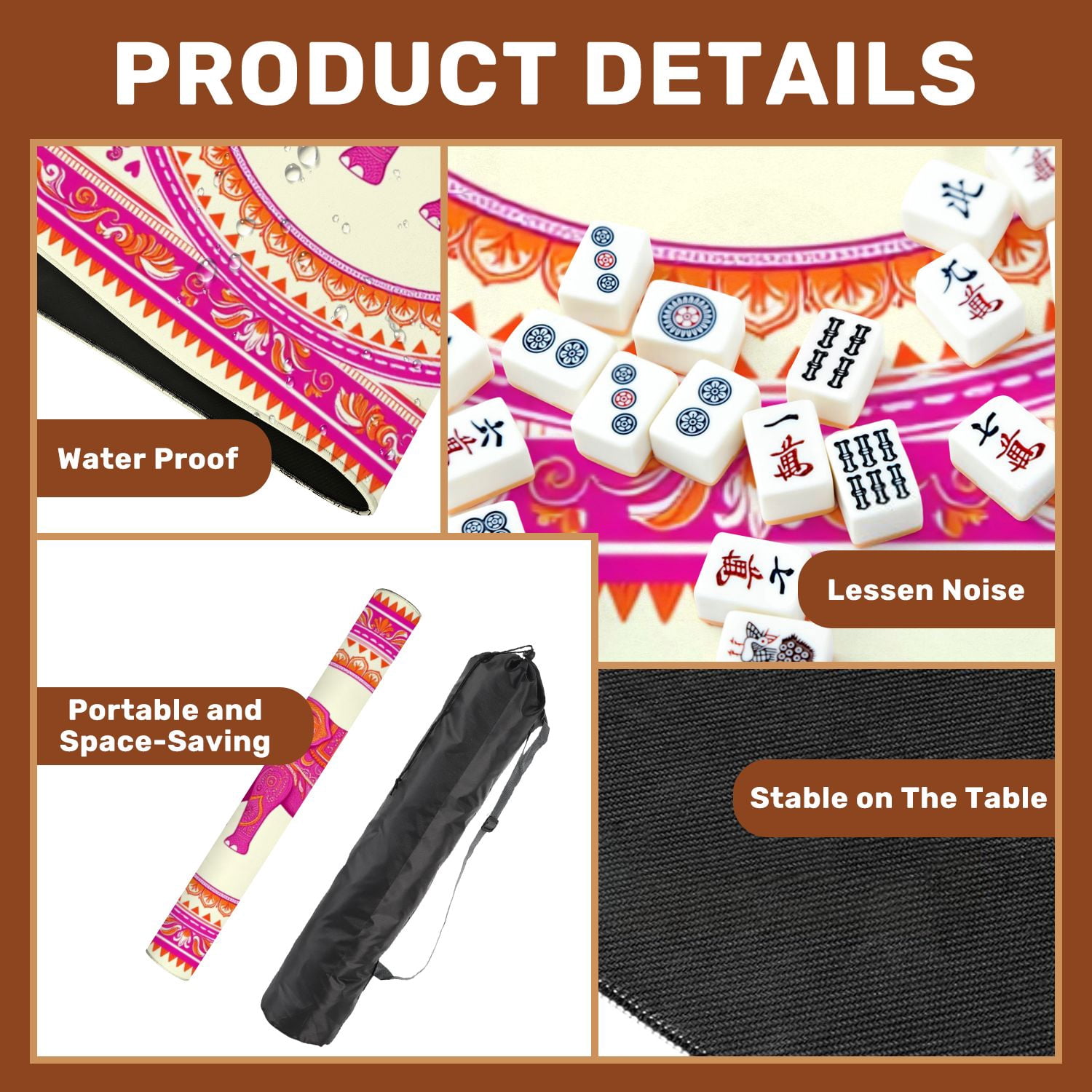 Mahjong Mat 31.5" x 31.5" Ornate Pink Elephant Mandala Art Intricate Floral Ethnic Patterns Non-Slip Noise Reduction American Mahjong Tiles Table Cover for Dominoes Poker Card Board Games Gift