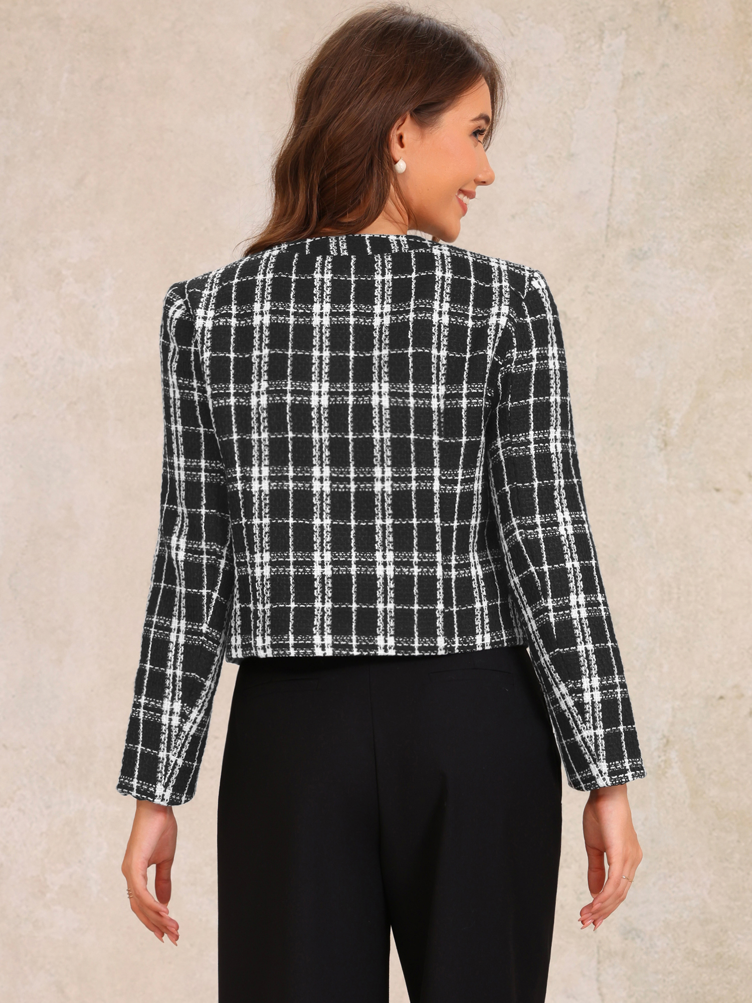 DARING DIVA Women's Casual Crew Neck Cropped Plaid Tweed Blazer Jacket XL Black White