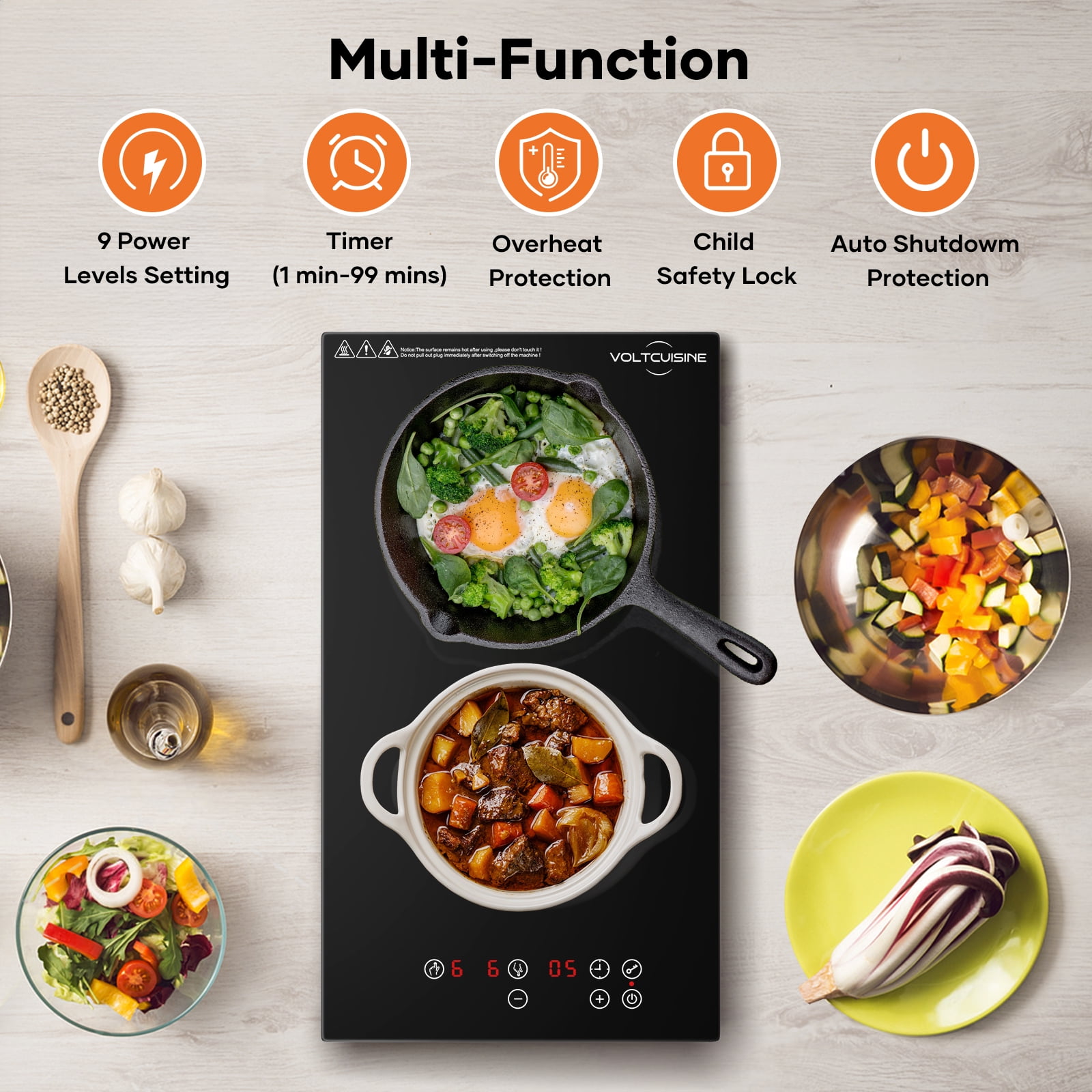 VoltCuisine Induction Cooktop 2 Burner, Shatter-proof Flat Glass Top, 9 Heat Settings, LED Touch Display with Child Safety Lock & Overheat Protection