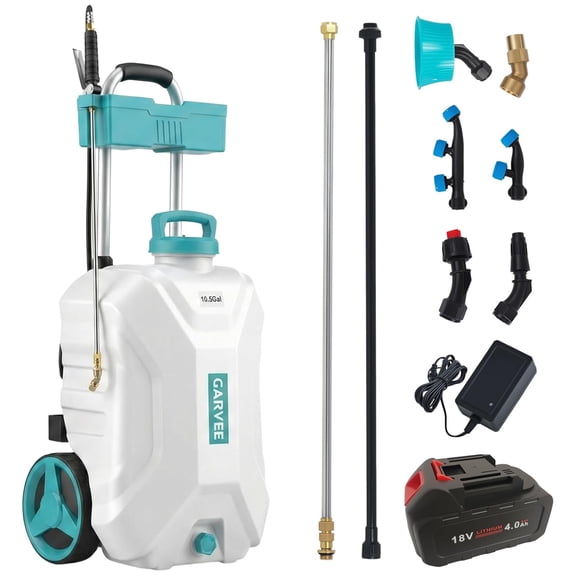 Garvee 18V 4Ah Battery Powered Sprayer with Wheeled Cart, 10.5 Gallon Electric Sprayer for Outdoor Cleaning, Washing