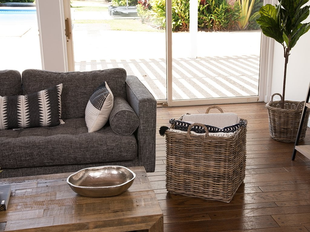 Kouboo Square Rattan Basket, Decorative Storage Basket and Planter, Living Room, Blankets, Laundry Basket, Linens
