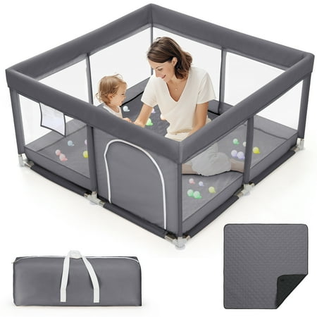 teayingde baby playpen large play yard fence with mat for toddlers, 50"x50" gray