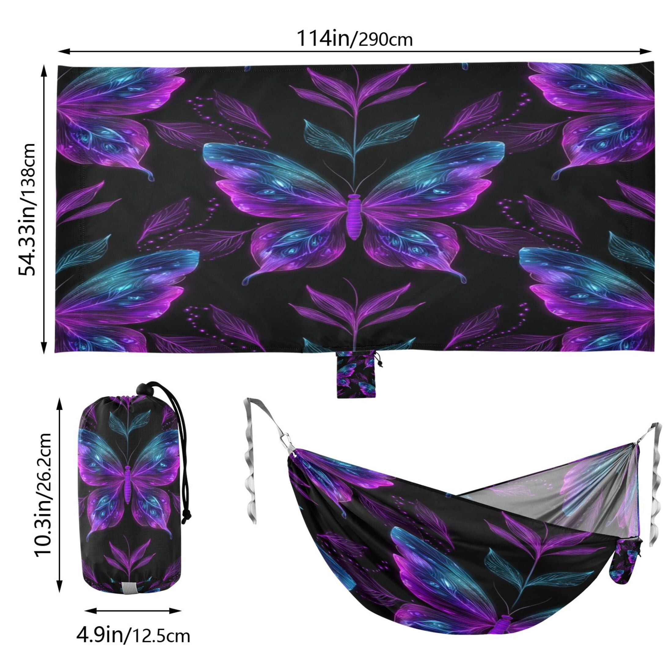 Hanging Hammock Portable Travel Camping For Outdooor Beach Camping Hiking Neon Purple and Blue Butterflies