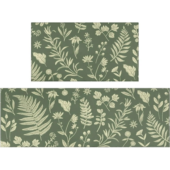 Sage Green Botanical Kitchen Rugs and Mats Set of 2, Plant Leaf Floral Spring Summer Farmhouse Non-Skid Washable for Kitchen Floor Sink Mats Decor and Accessories 17"x30" 17"x47"