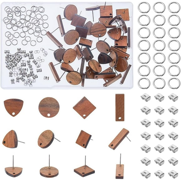 20 Pairs Wood Earrings Posts Stud Earring Findings Wood Earring Studs with Loop Flat Round Rhombus Triangle Rectangle Earring with 50Pcs Ear Nuts Jump Rings for DIY Earring Hole: 1-1.8mm