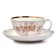 Blossoms Gold Rim Teacup and Saucer Dulevo Porcelain Decal Tea Set for Kitchen Decor