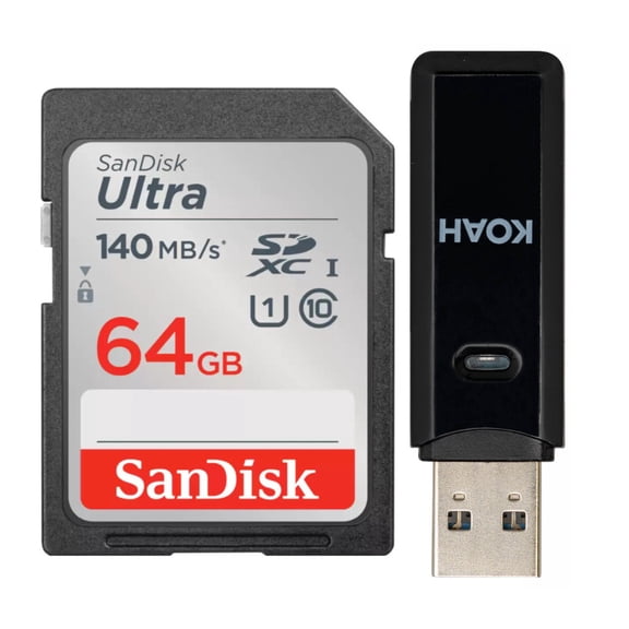 SanDisk 64GB Ultra Class 10 UHS-I SDXC Memory Card (140 MB/s) Bundle with Card Reader
