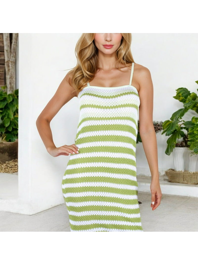 Women's Striped Knit Spaghetti Strap Bodycon Dress with Crochet Detail-  Large, Green - Walmart.com
