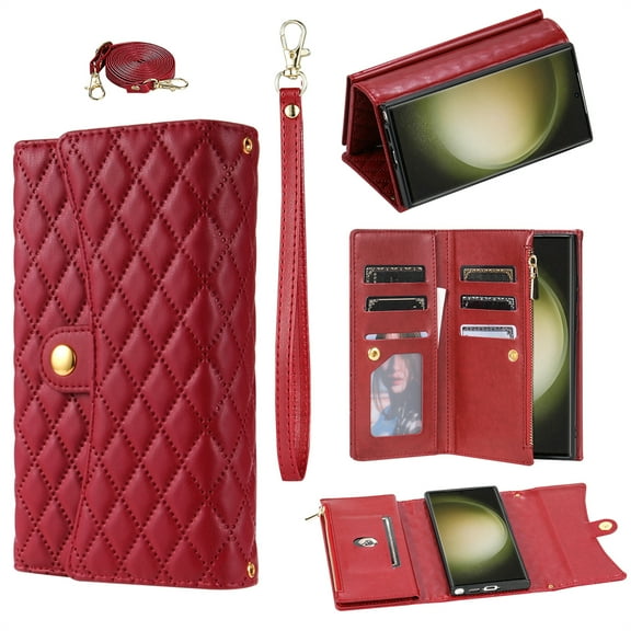 Phone Case for Samsung Galaxy S25 Ultra Wallet Cover with Crossbody Strap and Wrist Strap, Card Slots Stand PU Leather Flip Magnetic Buckle Zipper Pocket for Galaxy S25 Ultra Case Women Girls, Red