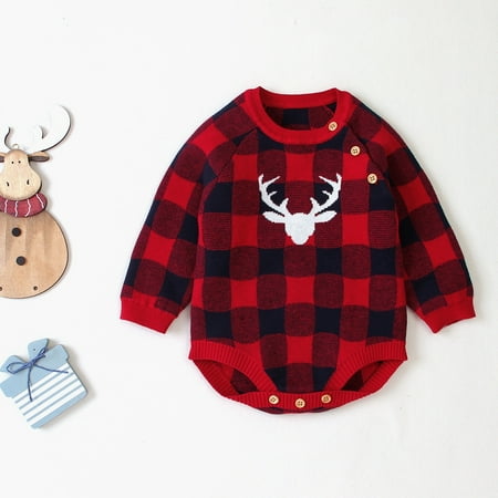 

Christmas Newborn Baby Girl Boy Knit Bodysuit Xmas Deer Plaid Romper Jumpsuit