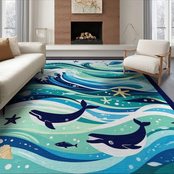 ODIKA 8'x10' Washable Area Rug Durable, Non-Slip Bathroom Ocean Wave Nautical Whale Starfish Beachy Accessories for Living Room, Under Sectional, Family