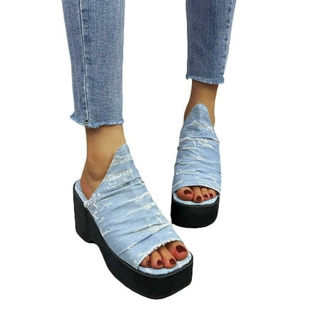 

ZHELIYO Women s sandals Thick Bottom Slope And Fashion Outside Wearing Open Toed Square Head Cold Drags Women s Shoes Korean Denim Cloth High Heeled Blue2 8