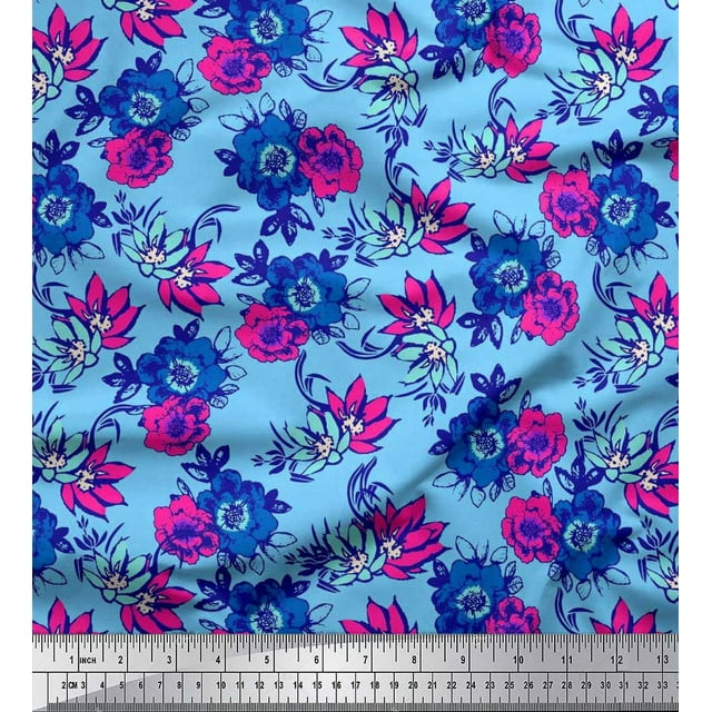 Soimoi Poly Georgette Fabric Leaves,Cosmos & Anemone Floral Decor Fabric Printed Yard 42 Inch Wide