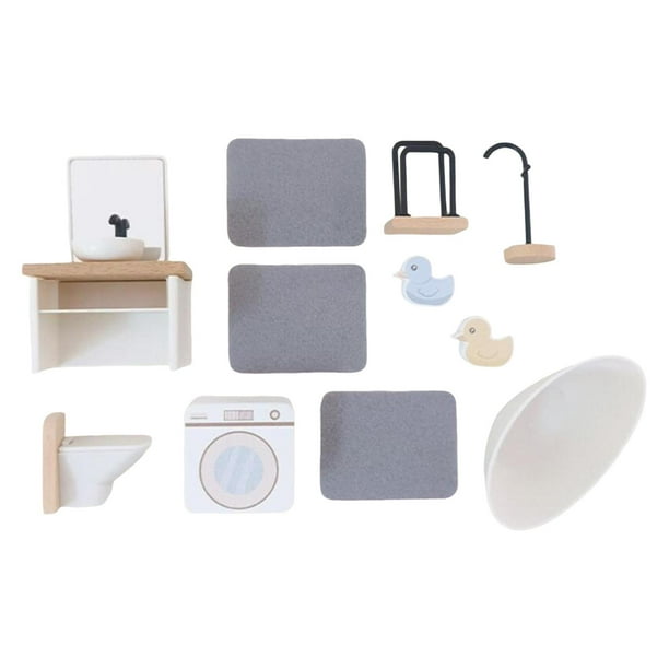 Kit de muebles de casa de muñecas de madera estilo vintage para decoración de viaje para niñas. Baño