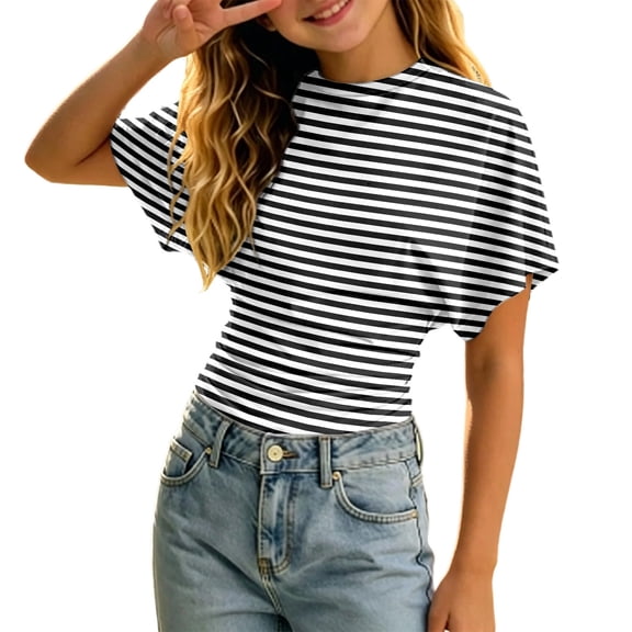 Kiijoy Girls Striped Short Sleeve Ruched T-Shirt Summer Casual Fitted T Shirt, Sizes 3-14