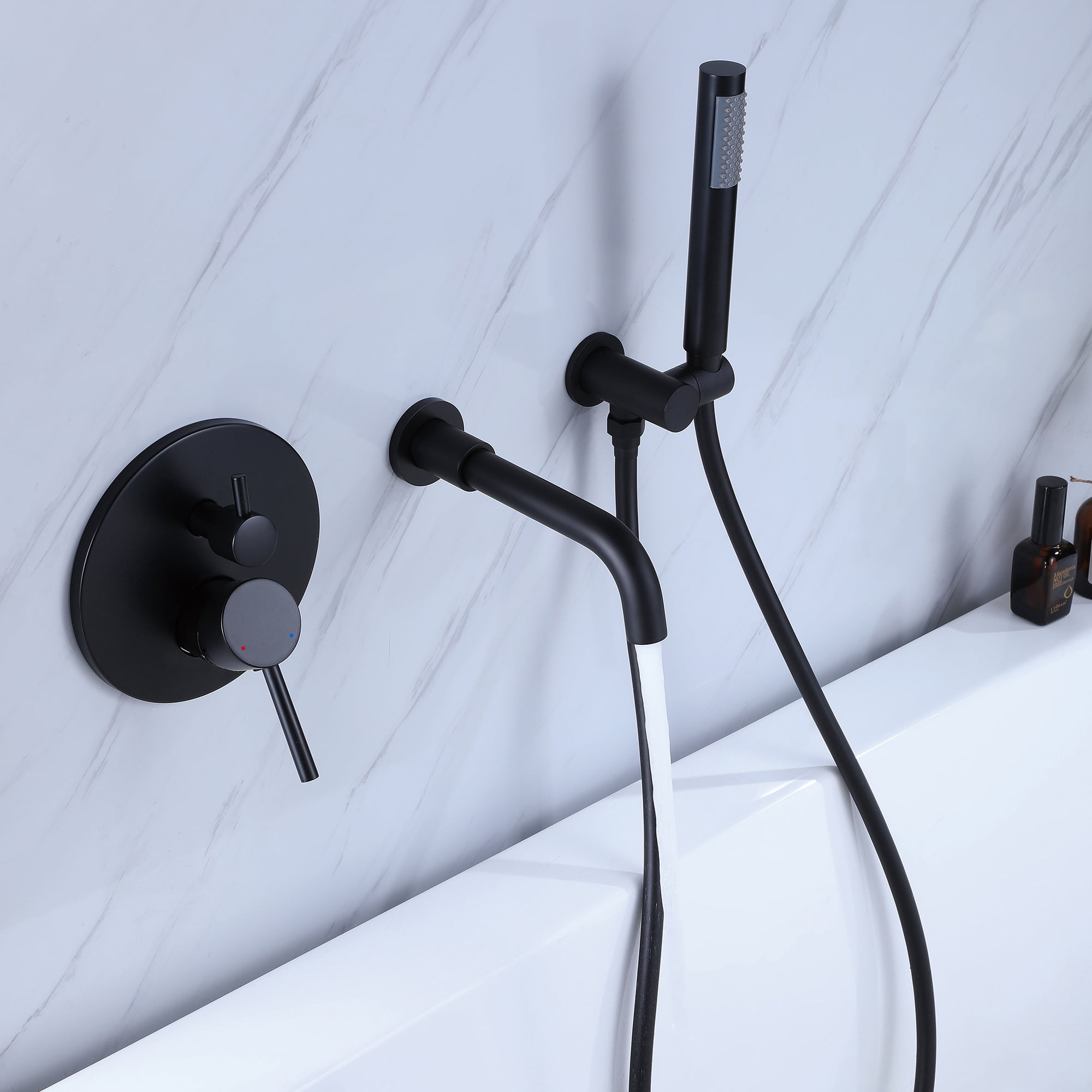 Dual Handles Wall Mounted Bathroom Tub Filler with Hand Shower, Solid Brass Matte Black Waterfall Bathtub Faucet