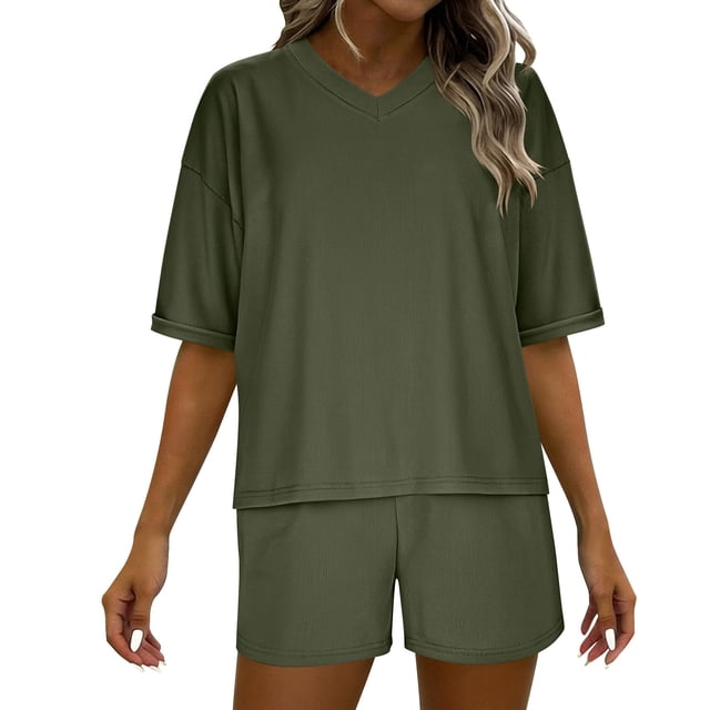 Timegard 2 Piece Sets for Women Summer Short Sleeve V Neck Tops Shorts Casual Loose Oversized Ribbed Knit Outfits