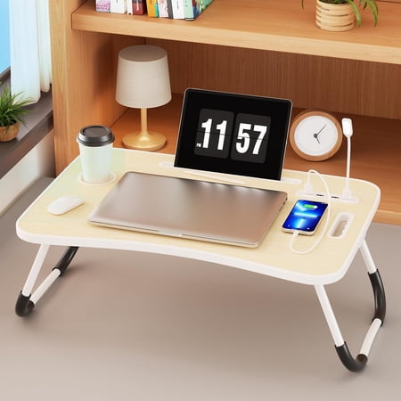 Lap Desk for Laptop Tray Foldable Laptop Bed Desk with Storage Drawer Portable Bed Laptop Table for Adults with Light & Cup Holder & USB Ports Laptop Stand for Couch Writing Reading Eating Beige