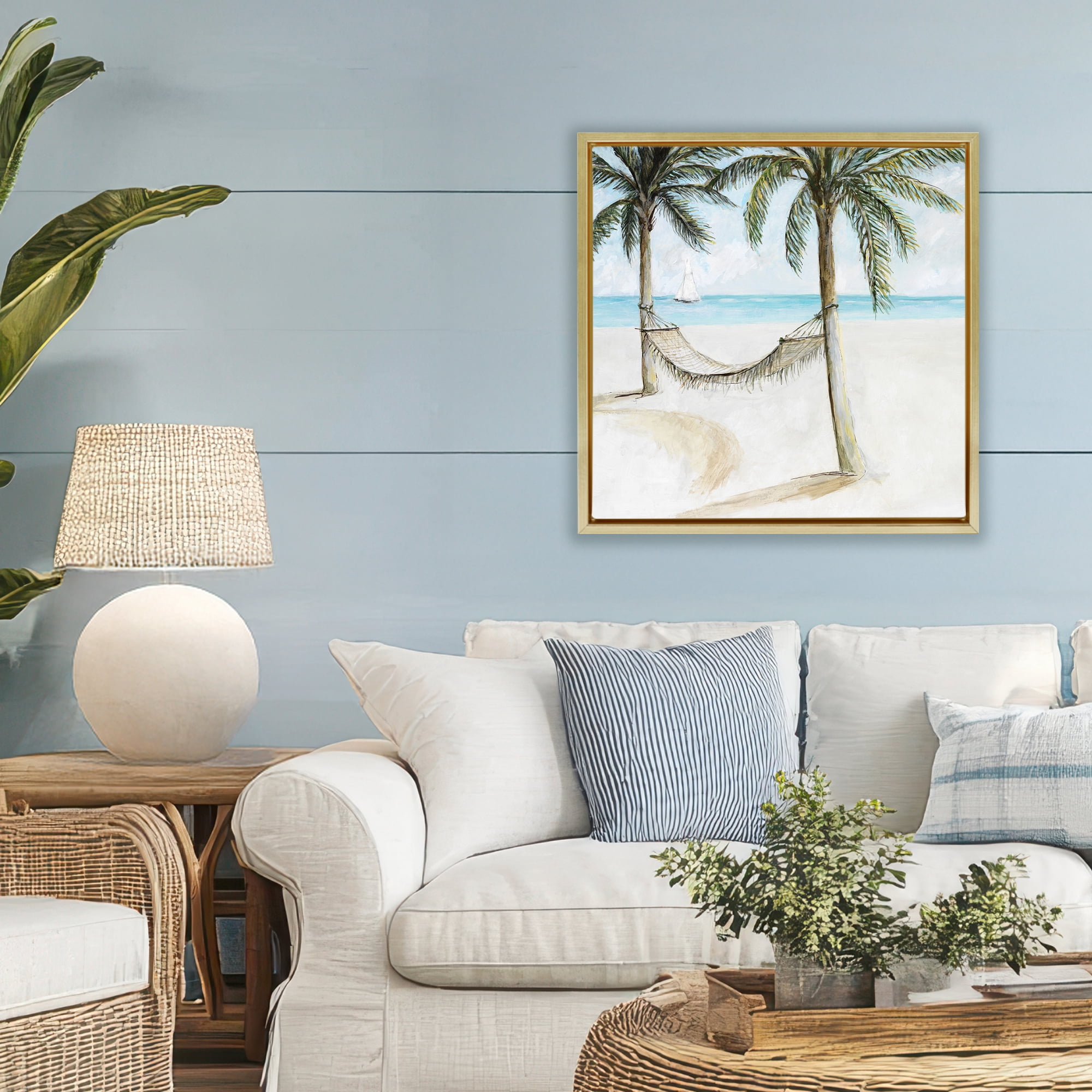 Stupell Industries Beach Hammock Coastal Scene Gold Framed Floater Canvas Wall Art, design by Lorenzo Collective