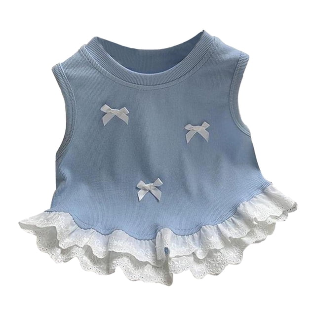 Shirts Girls Spring Summer Bow Short Vest Style Lace Patchwork Sleeveless Top Trend Girls' Tops, Tees Blue