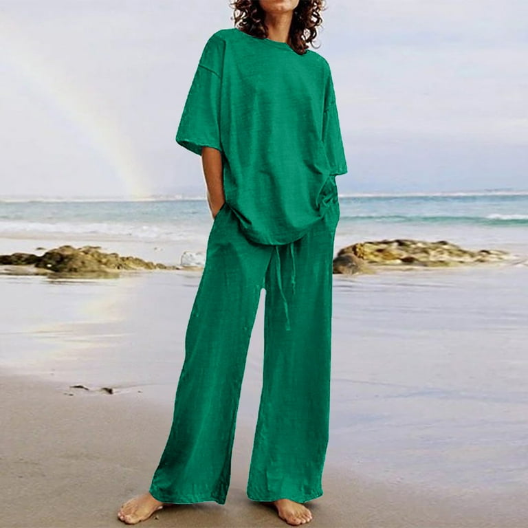 Summer 2 Piece Outfits Womens Loose Linen Short Sleeve T-shirt