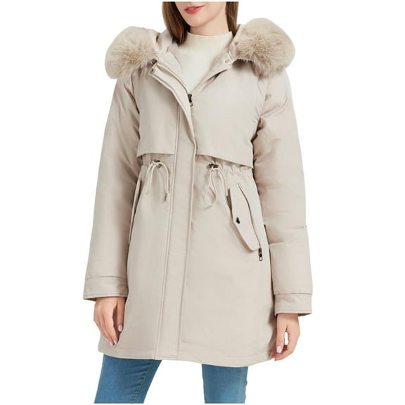 Fnooota Womens Parkas with Hood, Warm Mid-length Full Zip Drawstring Winter Coats for Women Beige Size M-3XL