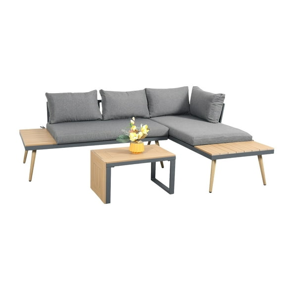 Ilios Innova Sala Modular Tipo L para Exterior e Interior con Estructura de Acero, Polimadera y Cojines Gruesos de Espuma 22D – Diseño Versátil y Moderno para 3 a 4 Personas