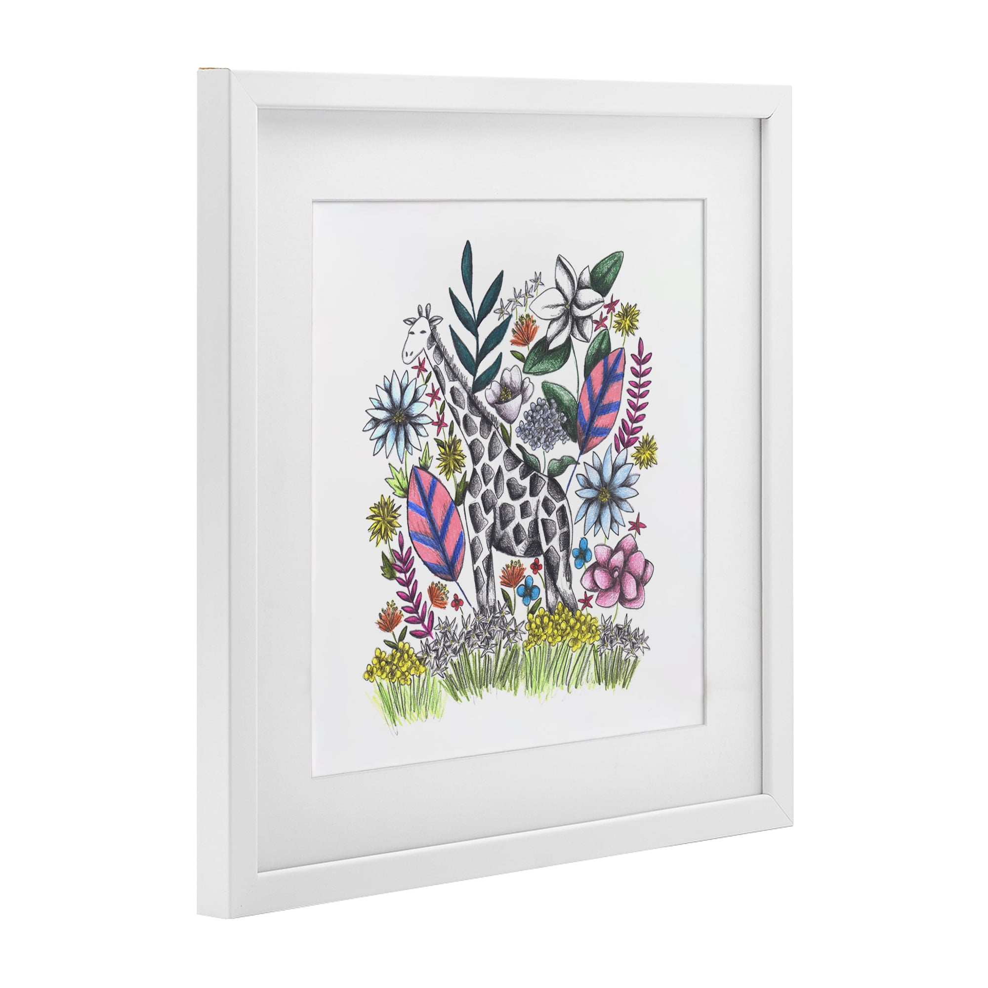 Giraffe in Midst of Flowers White Framed Print Under Glass, design by Cecilia Battaini