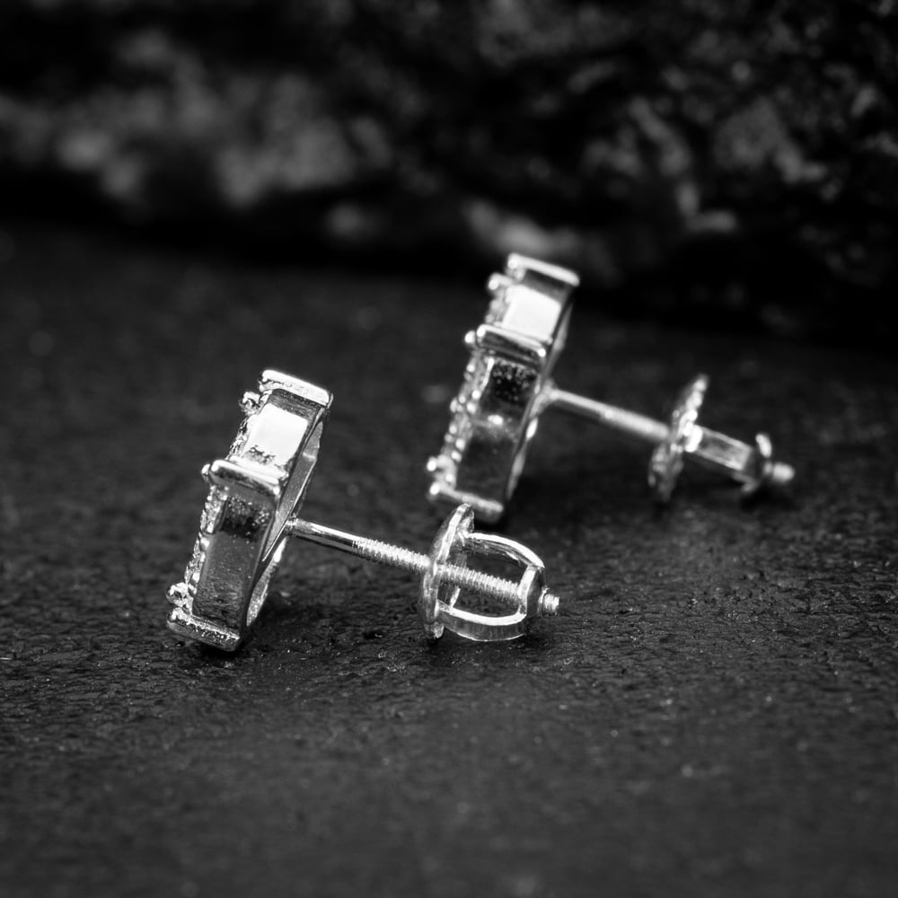 Men's Round Micro Pave Set White Gold Plated Sterling Silver Stud Screw Back Earrings