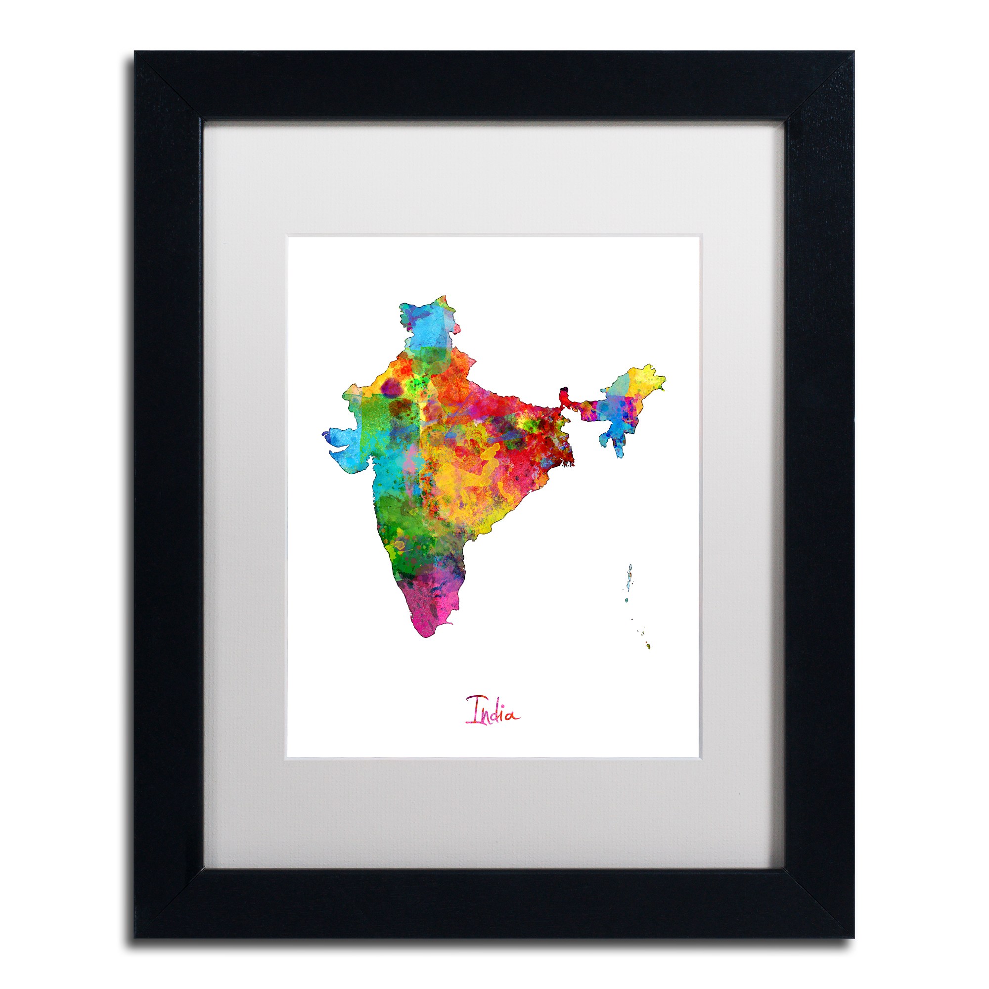 Trademark Fine Art "India Watercolor Map" Canvas Art by Michael Tompsett White Matte, Black Frame