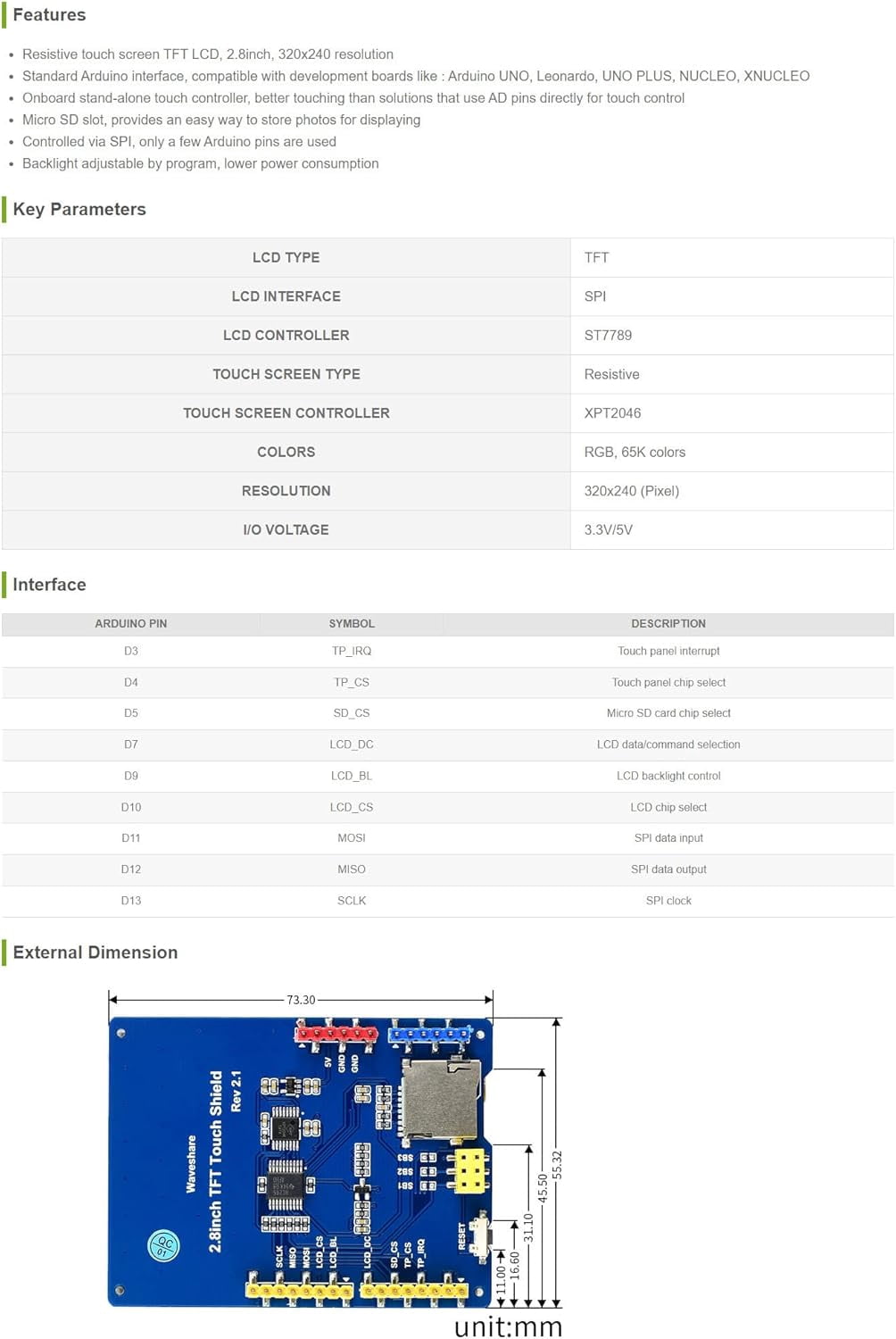 2.8 inch TFT Resistive Touch LCD Shield 320×240 Resolution Display Screen Module