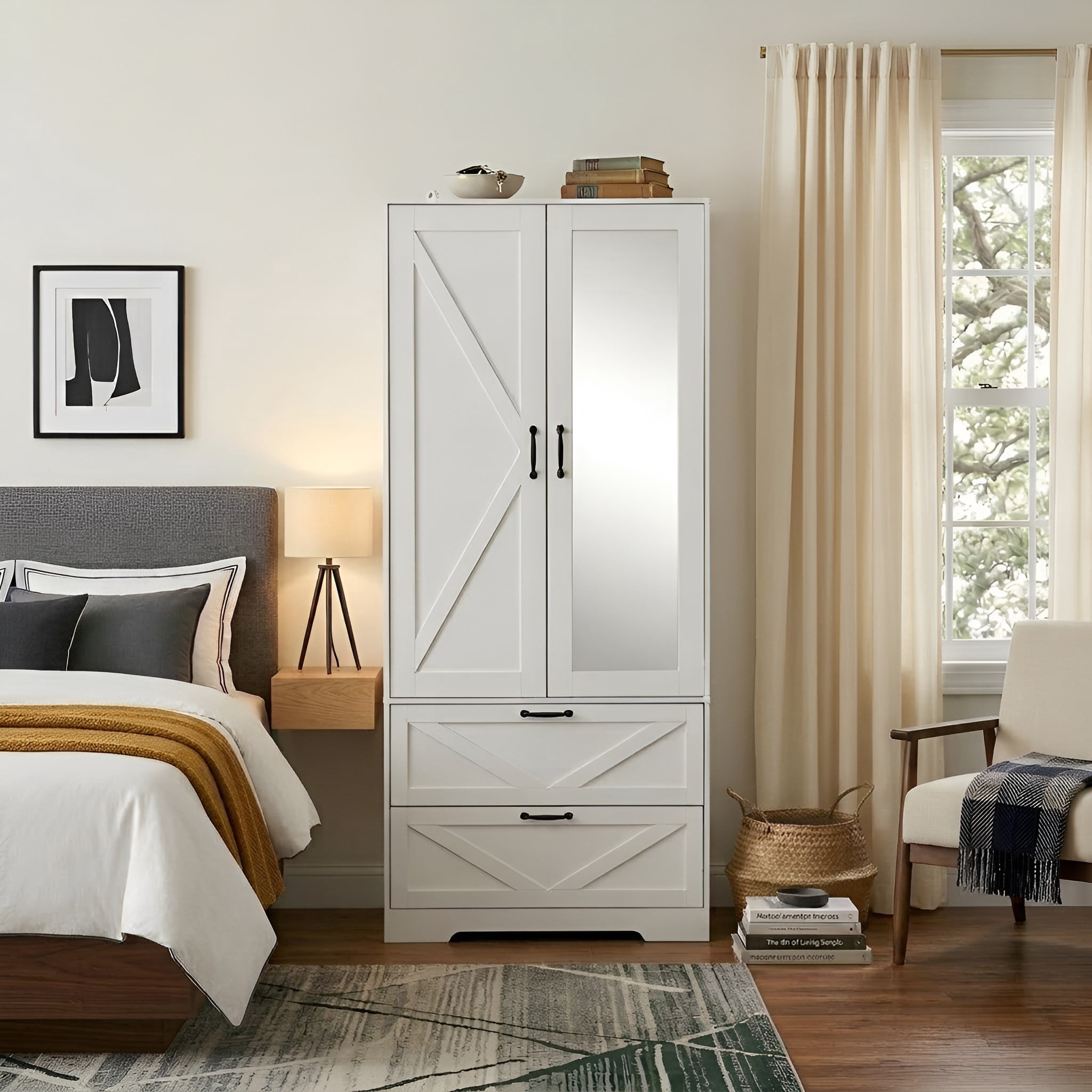 Mintazer 71" Tell Wardrobe Armoire with Mirror Door & 2 Large Drawers and Built-in Induction Light, Freestanding Clothing Storage Cabinet with Hanging Rod & Shelves for Bedroom, White