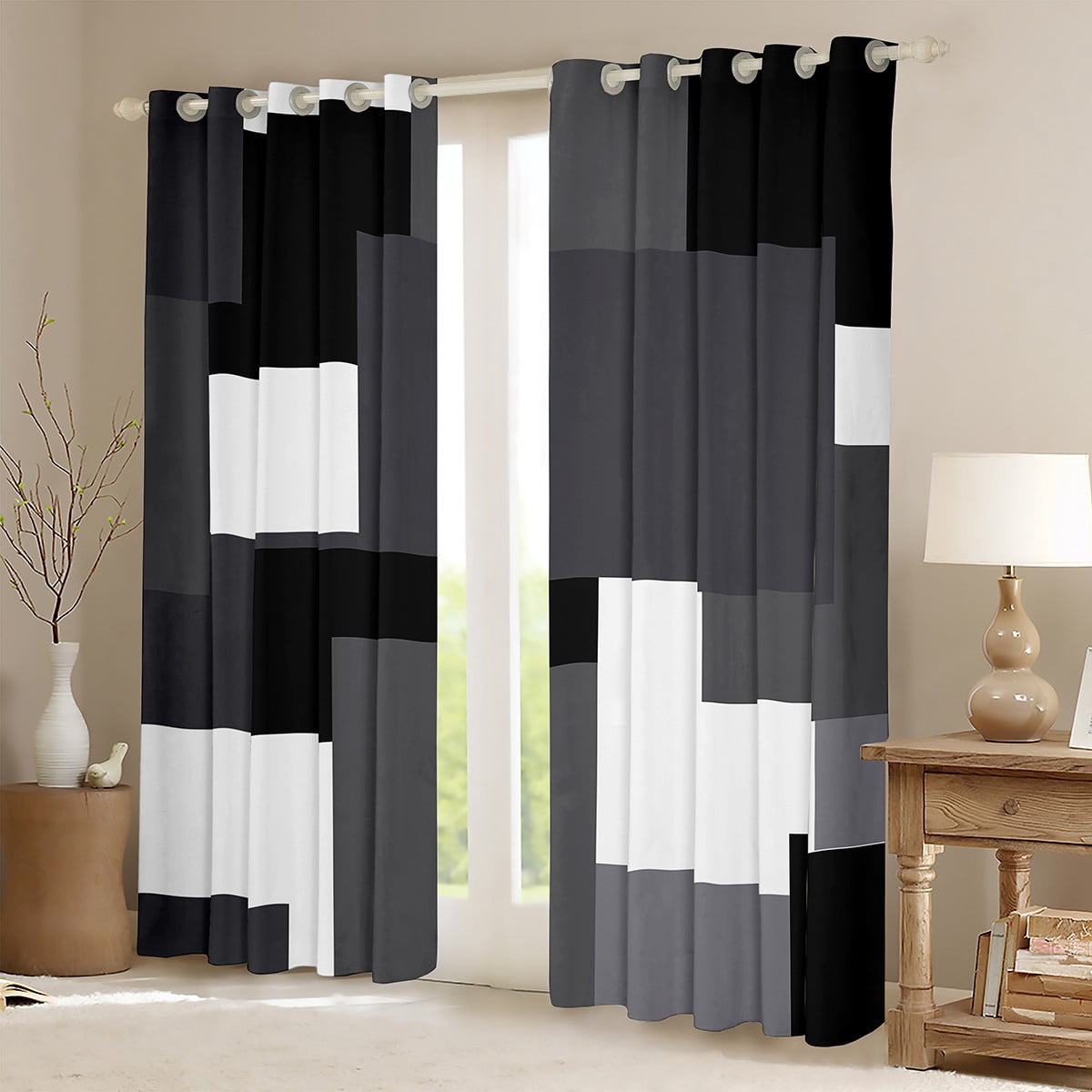 Erosebridal Black Rectangle Curtains Pack of 2 (42Wx63L),Geometric Sqare Black Out Curtains,Abstract Artwork Curtains for Living Room,Plaid Bedroom Decorative