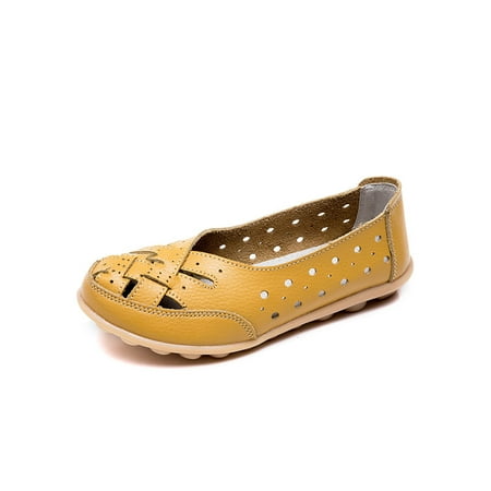 

Daeful Women Loafers Slip On Leather Flats Comfort Casual Shoes Work Hollow Out Breathable Non-Slip Driving Shoe Yellow 10