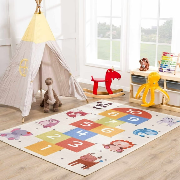 Hauteloom Lundy Girls Room, Boys Room, Kids Room Playroom Machine Washable Area Rug - Hopscotch Animal Carpet - Cream, Red, Orange, Blue, Colorful - 7'10" x 10'2"