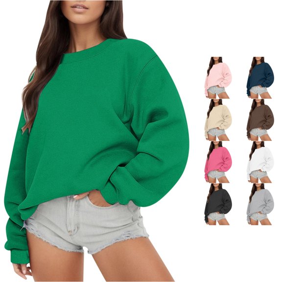 CUZIBR Womens Sweatshirt Solid Color Crew Neck Long Sleeve Casual Crewneck Loose Fit Pullover Fall Tops Basic Layering Winter Clothes,Green