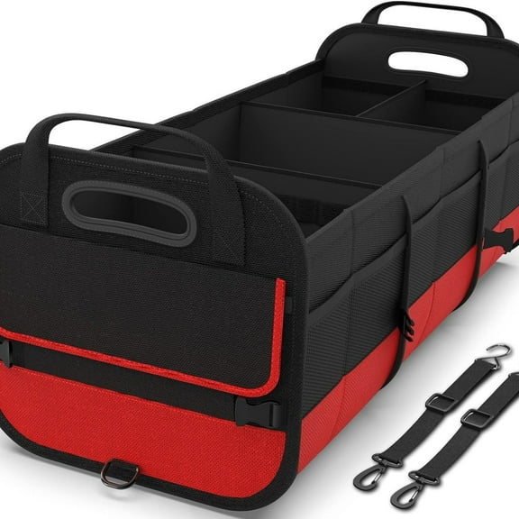 Large Trunk Organizer for Car, Collapsible Multi Compartment Car Trunk Organizer with 2 Retractable Straps, Suitable for All Kinds of Cars, SUV, Minivan - 4 Compartments Red