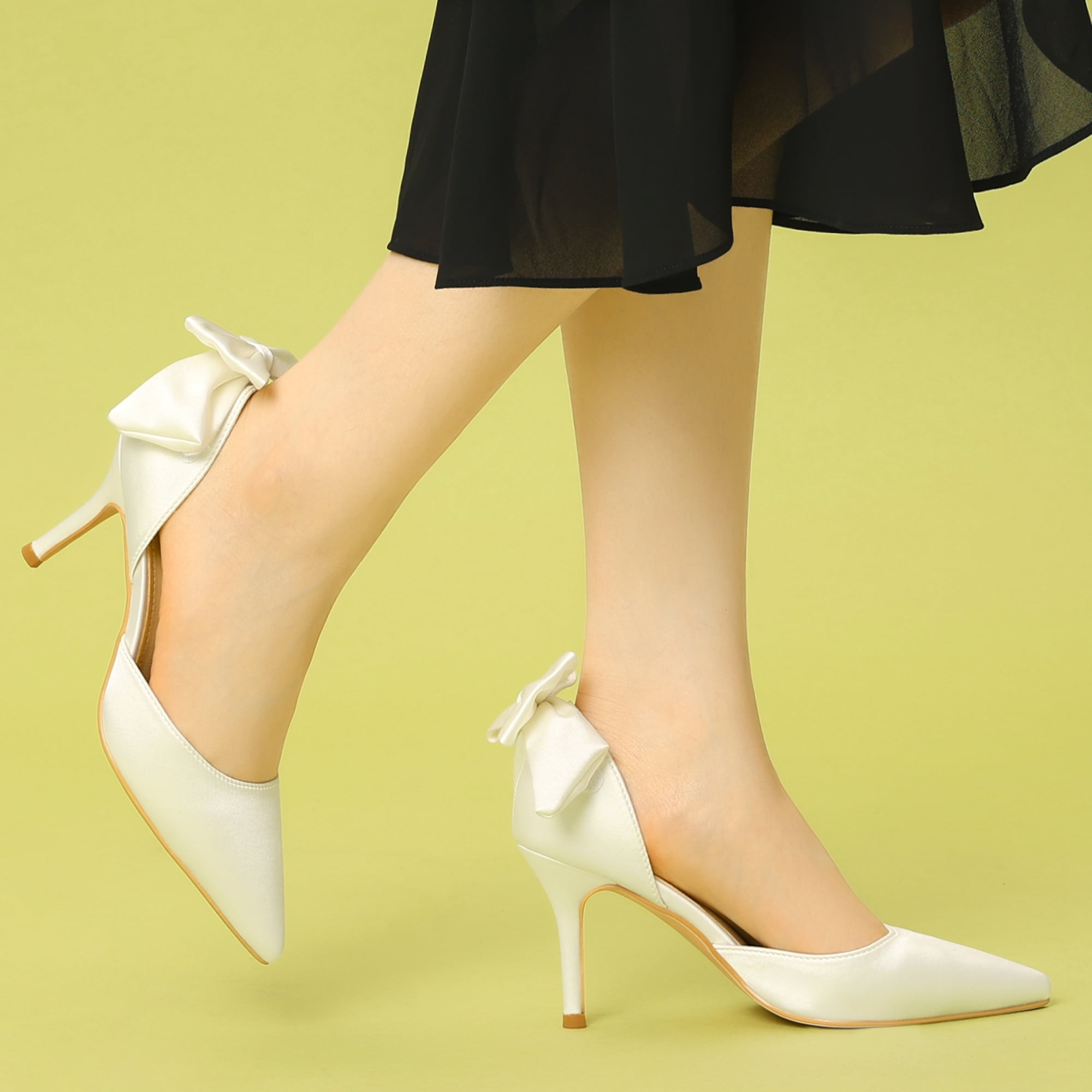 DARING DIVA Women's Pointed Toe Bow Satin Stiletto Heels Pumps White 8
