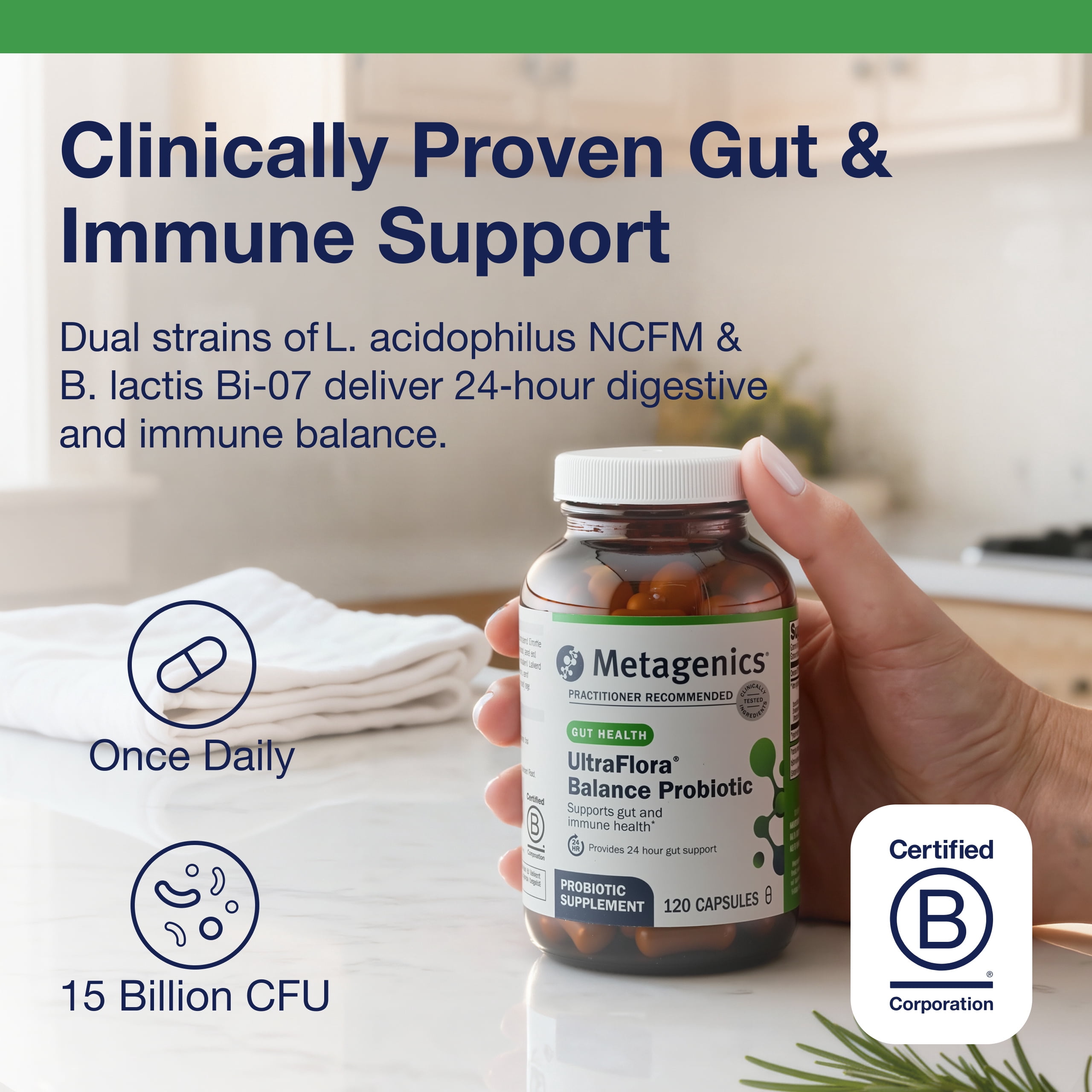 Metagenics UltraFlora Balance Probiotic - Shelf-Stable Daily Gut Health Supplement for Digestive & Immune Support* - Non-GMO & Gluten-Free - 120 Capsules