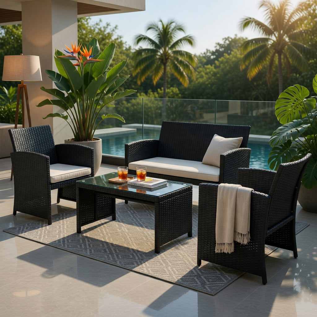 Hommoo 4-Piece All-Weather Wicker Patio Furniture Set, PE Rattan Loveseat & Single Sofas with Tempered Glass Coffee Table and Removable Cushions, White