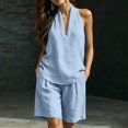 thumbnail image 6 of Costeam Womens Halter V Neck Short and Capri Pants Two Piece Outfit Lightweight Linen Blend Loose Fit Solid Color Casual Summer Co Ord Set, 6 of 6