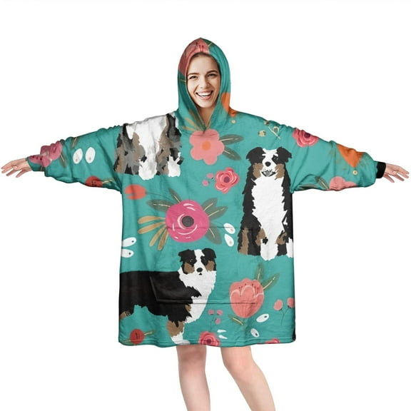 Wearable Oversized Blanket,Australian Shepherd Pioneer Flower Wearable Blanket Hoodie for Adults,Cozy Hooded Blankets with Super Pockets,Super Warm Fuzzy Pullover for Women & Men