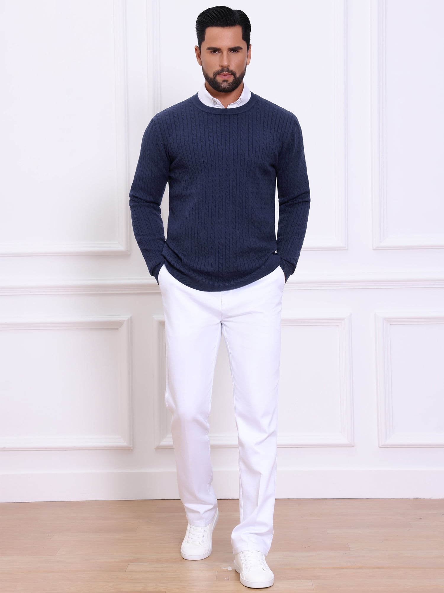 DARING DIVA Men's Crew Neck Long Sleeve Soft Cable Knit Pullover Sweater S Navy