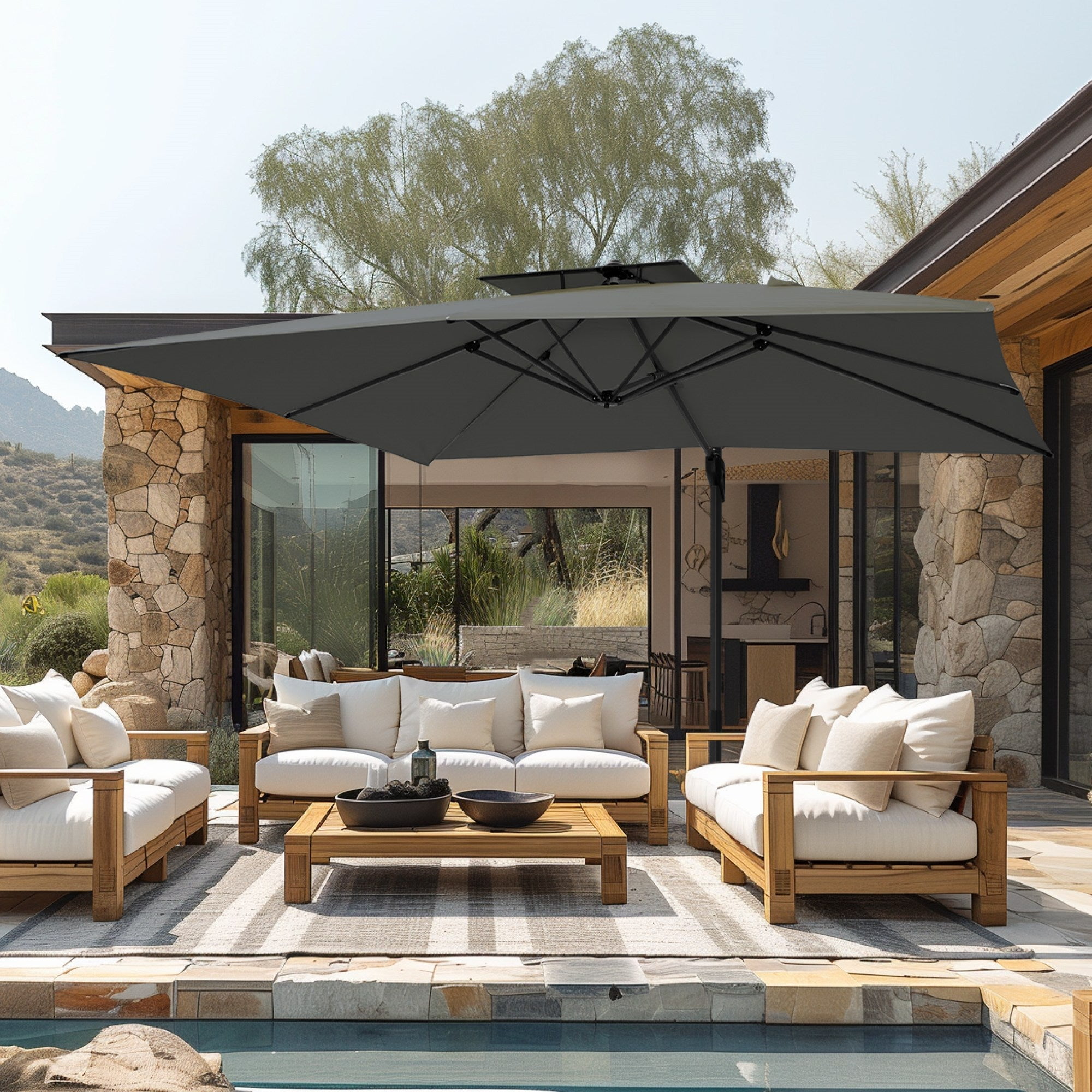 Alpha Joy 12x9ft Outdoor Patio Umbrella Large Rectangle Offset Cantilever Double Umbrella with 360°Rotation, Charcoal Gray