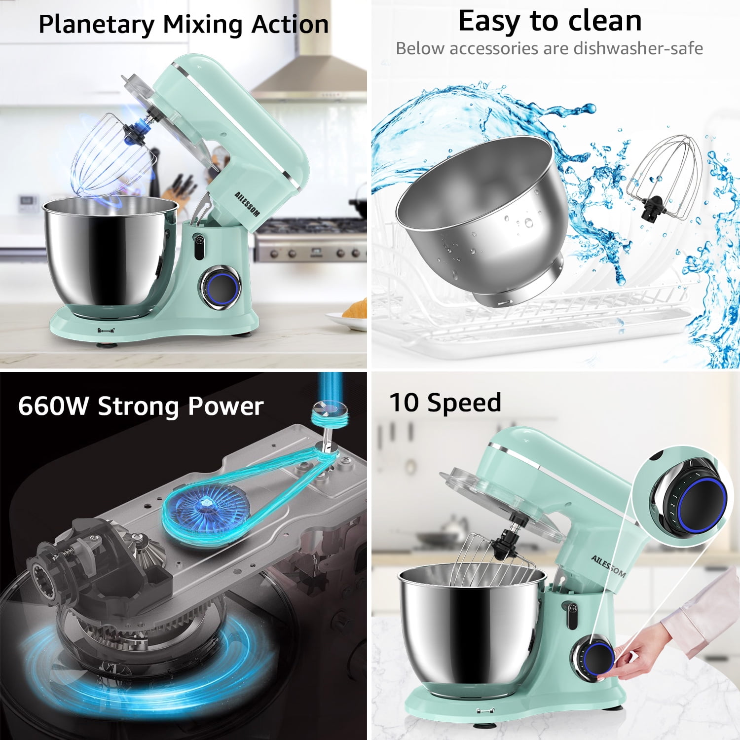 Ailessom New Stand Mixer,6.5-QT 10-Speed Tilt-Head Kitchen Electric Mixer with Bowl, Dough Hook, Beater, Whisk for Most Home Cooks,(Agave Green）