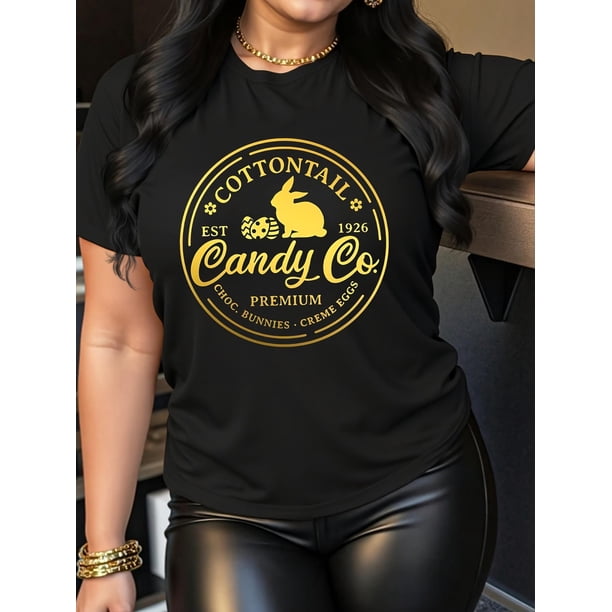Tail Candy Co. Easter Bunny & Egg Letter Print T-Shirt for Women - Casual Crew Neck Short Sleeve Tee, Medium Stretch Knit Fabric, Polyester, Spring/Summer/Fall Fashion Top