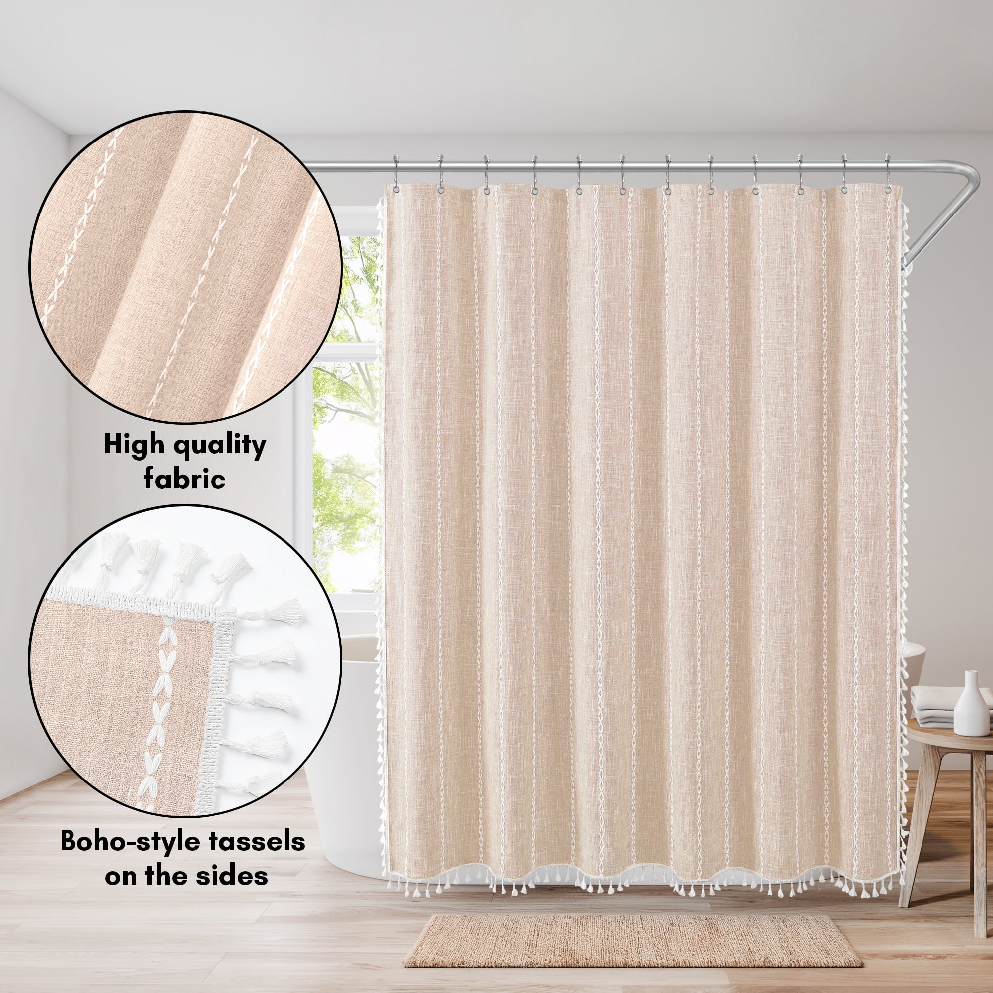 Americanflat 71x71 Woven Linen Pink Shower Curtain with Tassel Accents - Includes 12 Grommets and Hooks - 100% Polyester