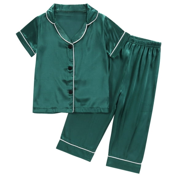 ZACPNCV Pajama Set for Kid Baby Boy Girl Button-up Silk Pajama Sleepwear Nightwear Loungewear Clothes Set Gifts for Kids Green 3-4 Years