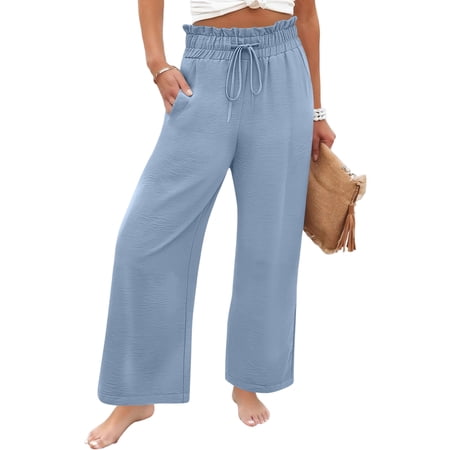 OIOLOYJM 2026 Womens Pants Wide Leg High Adjustable Drawstring Waisted Trousers with Pockets Casual Lightweight Lounge Palazzo Pnats Light Blue M