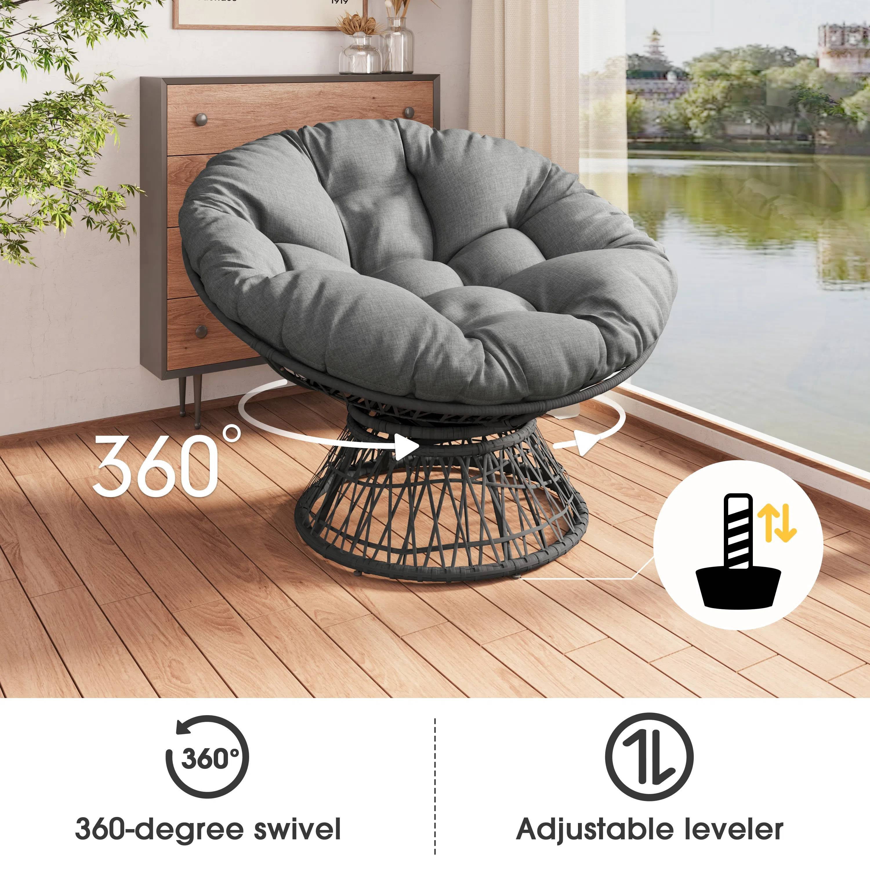 EUROCO 41.5" Oversized Ergonomic Wicker Papasan Chair,Rattan Papasan Chair with Soft Thick Density Fabric Cushion,High Capacity Iron Frame,360 Degree Swivel and 3-proof Cover for Living,Lounge,Gray